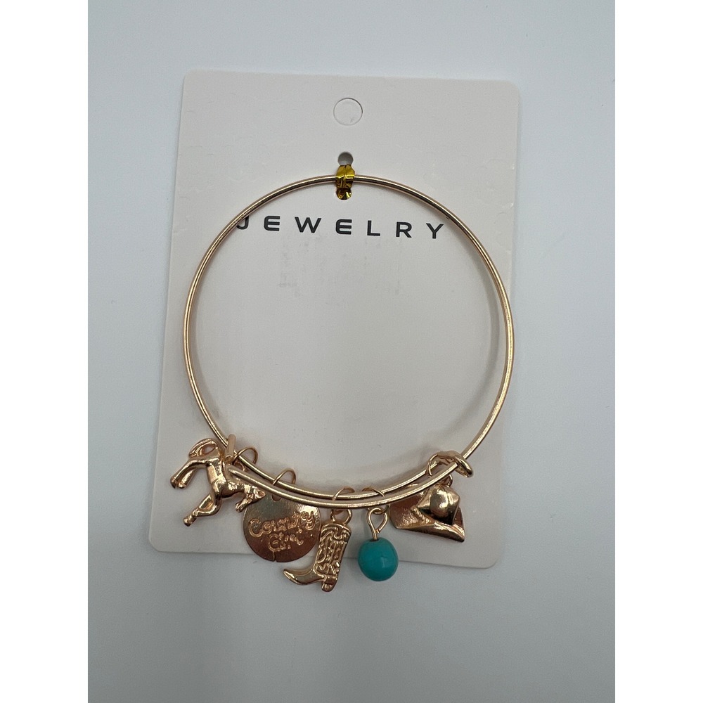 Rose Gold Western Country Girl Charm Bangle Bracelet Horse Boot Hat RBT-2272GS